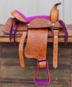 12" Purple Kids Youth Pleasure Western Saddle Tan Leather Mini Pony Youth Saddle