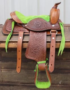 10" Lime Green Pony Western Kids Mini Horse Brown Saddle