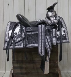 15.5 " Black Montura Charro Horse Saddle Con Cantinas Silla