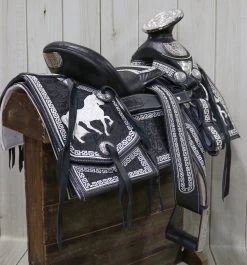 15.5 " Black Montura Charro Horse Saddle Con Cantinas Silla -Western Harness Shop image 651