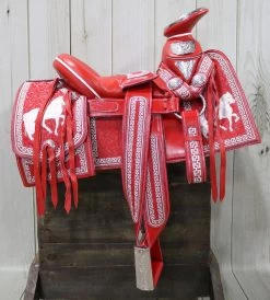 14.5" Montura Silla Charra Embroidered Red Charro Saddle Caballo