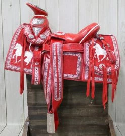 14.5" Montura Silla Charra Embroidered Red Charro Saddle Caballo -Western Harness Shop image 813
